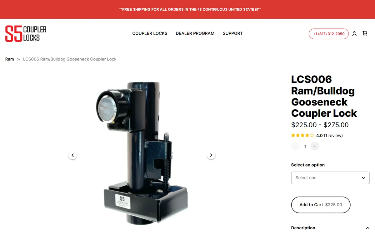 A product page on the rebuilt S5 Coupler Locks store, showing the new product images